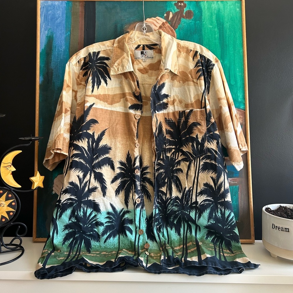 Vintage Men's Casual Button Down Shirt - Tan and Black Palm Tree Design